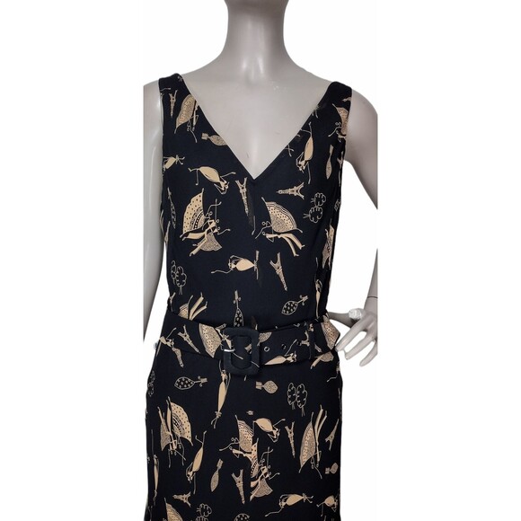 Vintage 90s 100% Silk Black Gold Paris Flamenco Dancer All Over Print Dress - Picture 2 of 9